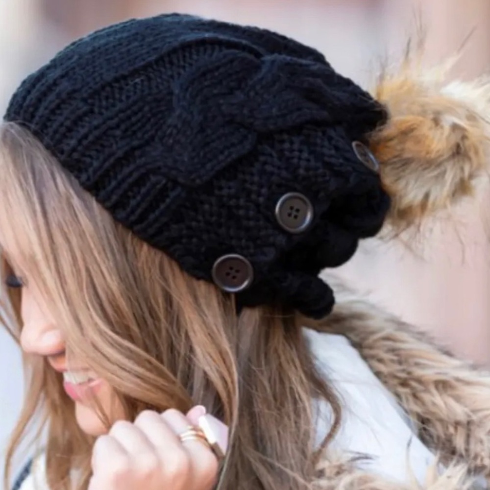 Button Accent Pom Pom Beanie